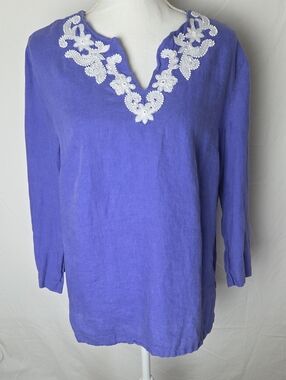 Talbots Lilac Tunic Linen Top White Trim Coastal Luxe Preppy Womens M